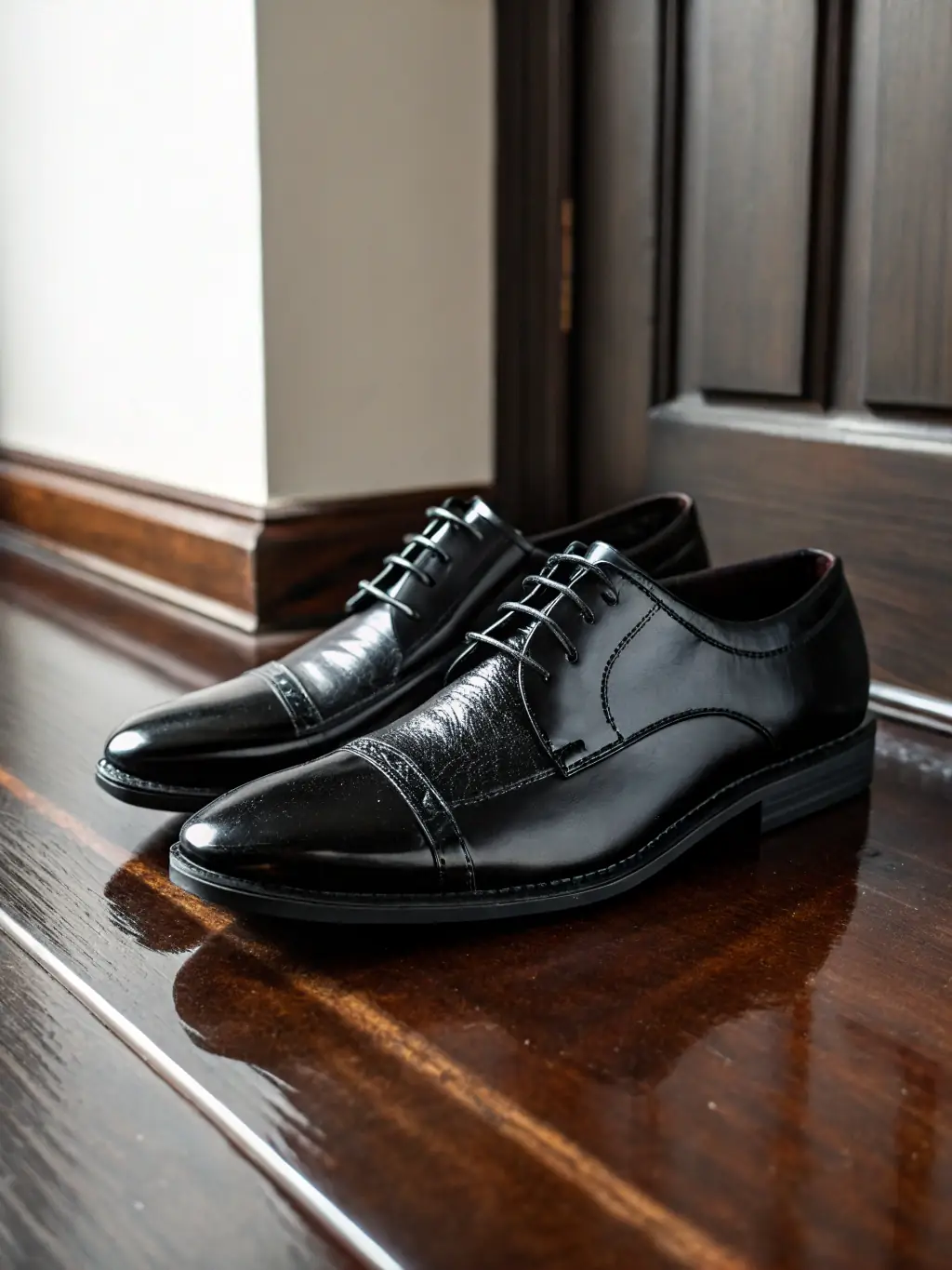 A high-resolution image of a pair of Black Label leather shoes, showcasing the intricate broguing and the rich, polished leather. The shoes are displayed on a dark wooden surface, emphasizing their quality and sophistication.
