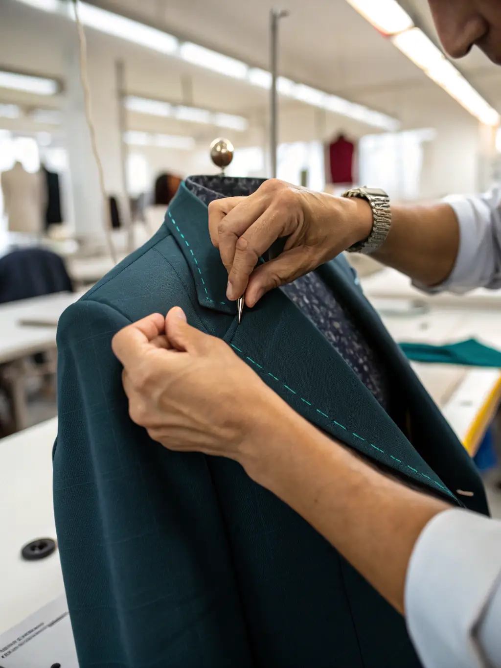 A close-up shot of a tailor's hands meticulously stitching the lapel of a Black Label suit, showcasing the precision and artistry involved in its creation. The lighting is soft and focused, highlighting the texture of the fabric.